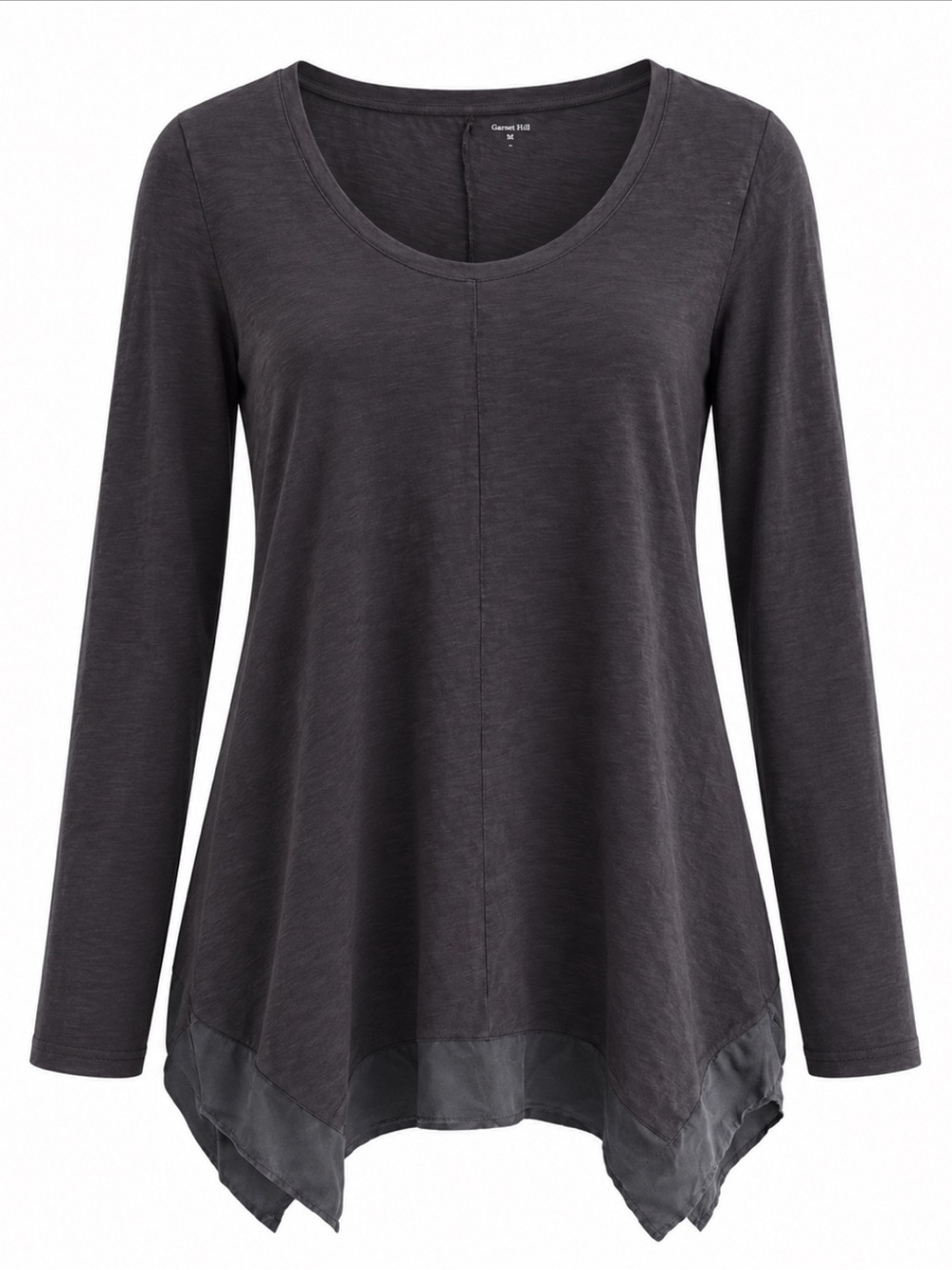 Garnet Hill Raglan Tunic Top Womens Large Cotton Silk Hem Dark Gray V Neck